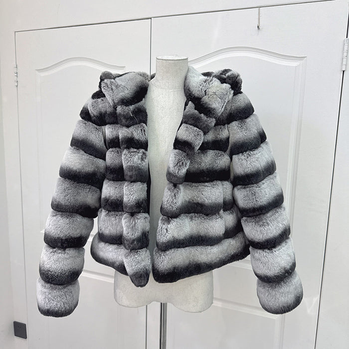 Levi knitted rex rabbit hooded jacket, front view