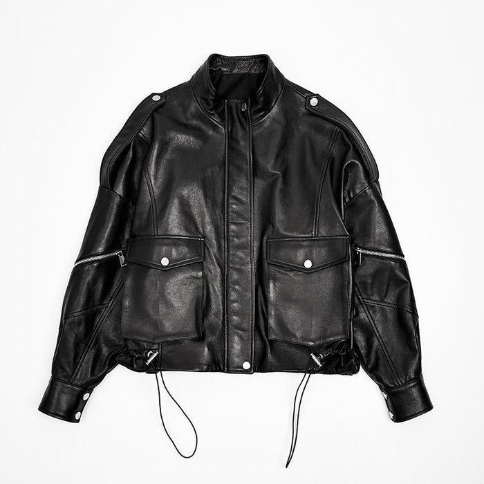 Vegetable-tanned sheepskin batwing coat in black, front view