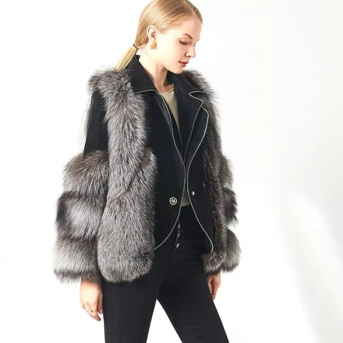 Arosa fluffy fox fur jacket in black frost, front view