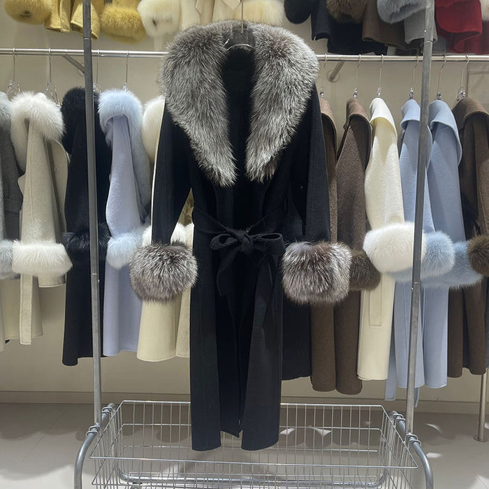Fox Fur Collar Wool Trench Coat front