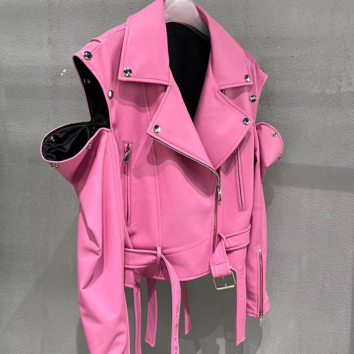 Cropped leather zip jacket, back view