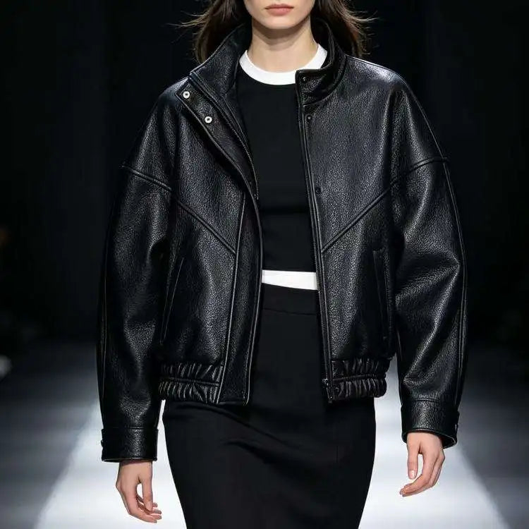 Trondheim spliced bomber leather jacket in black sheepskin, front view