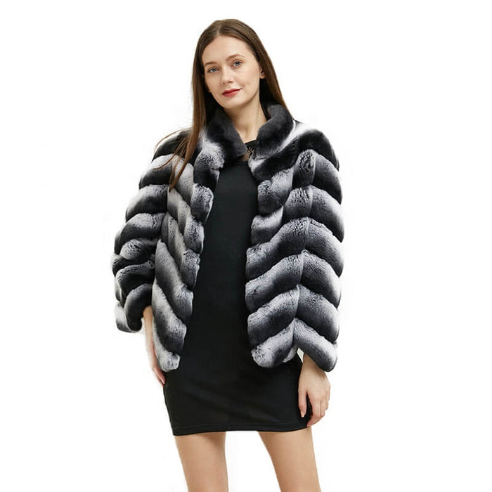 Ruka chinchilla rex rabbit fur jacket, front view