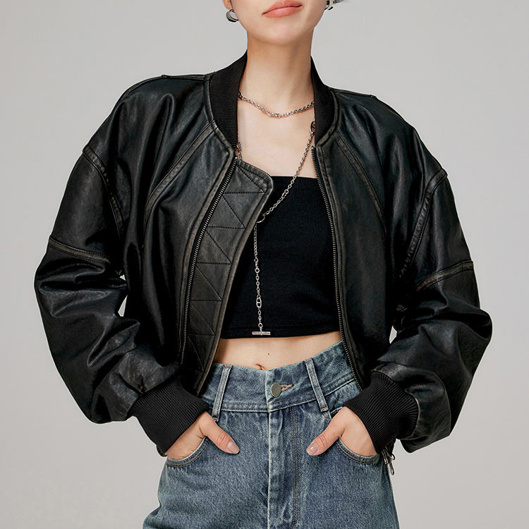 Short leather biker jacket, zip detail
