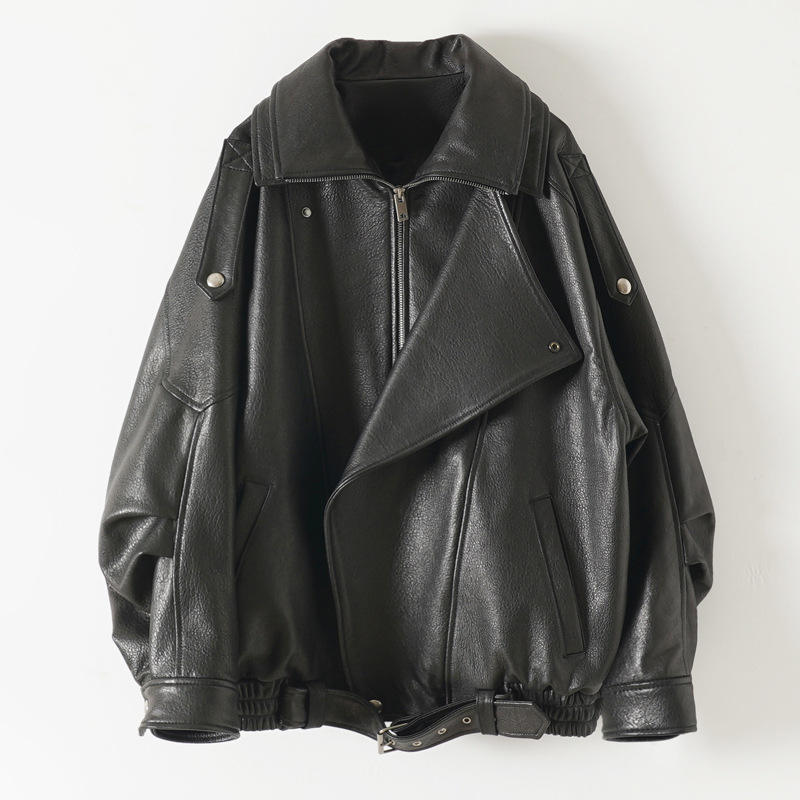 Oversized high collar leather moto jacket, back view