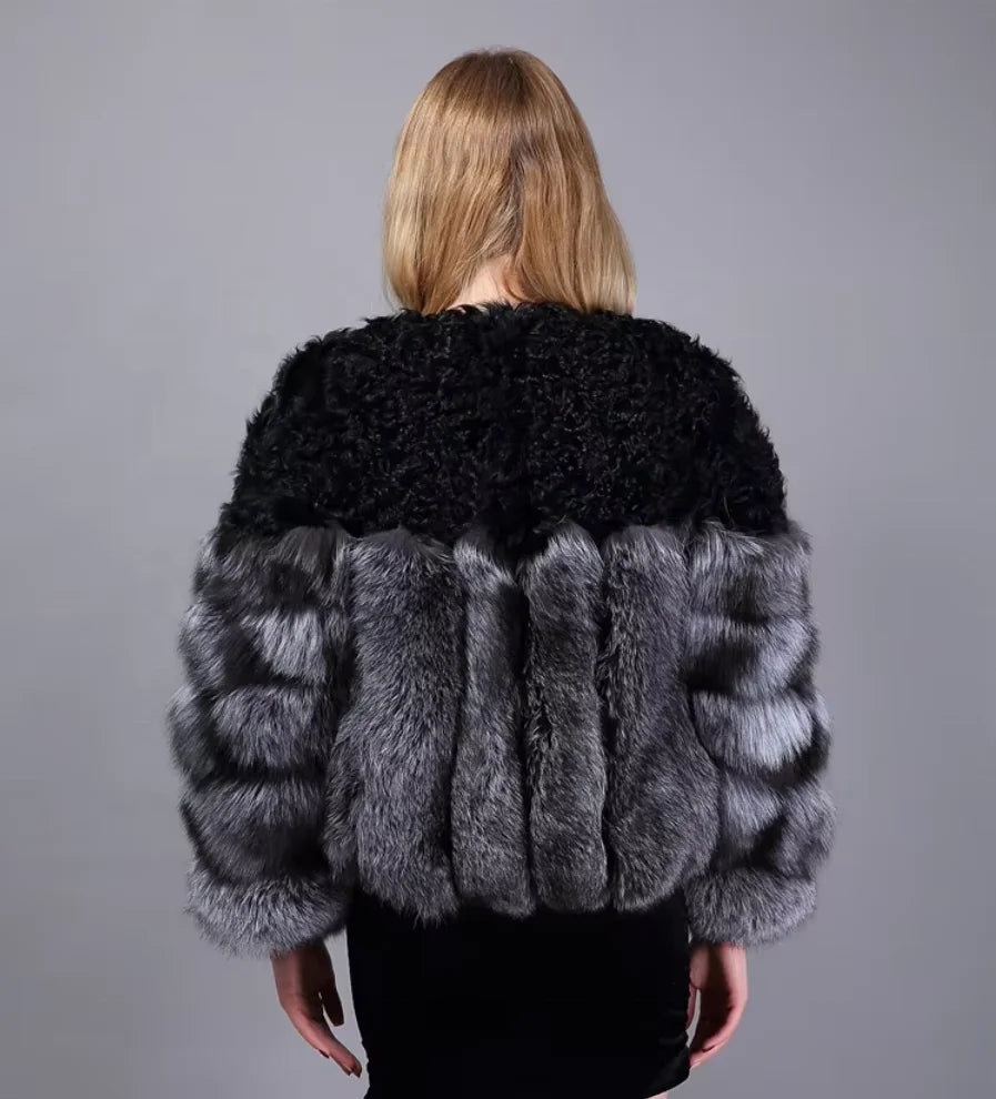 Hammerfest arctic fox fur poncho coat, V-neck detail