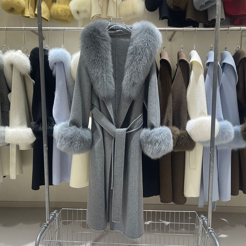 Fox Fur Collar Wool Trench Coat detail