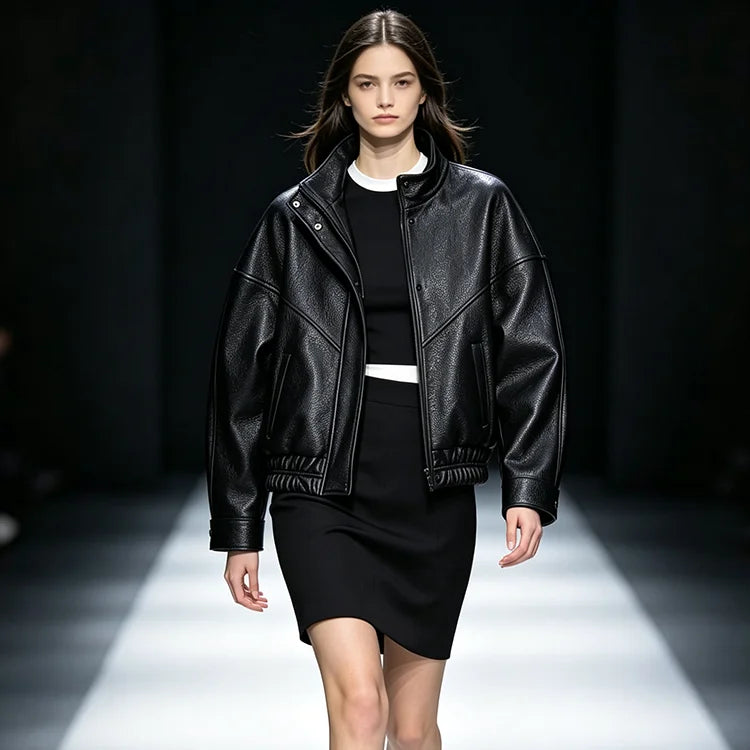 Trondheim bomber leather jacket, stand collar detail