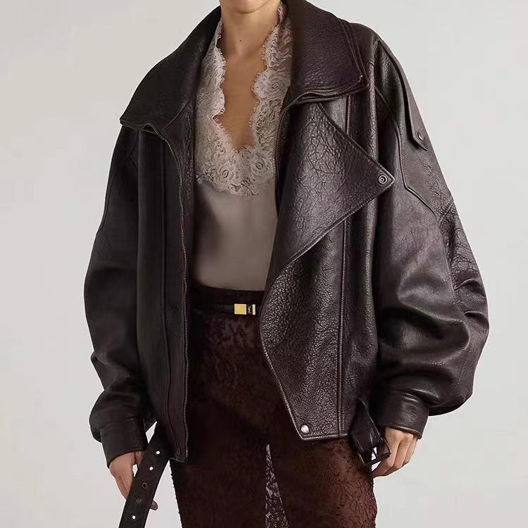 Oversized high collar leather moto jacket, belted hem