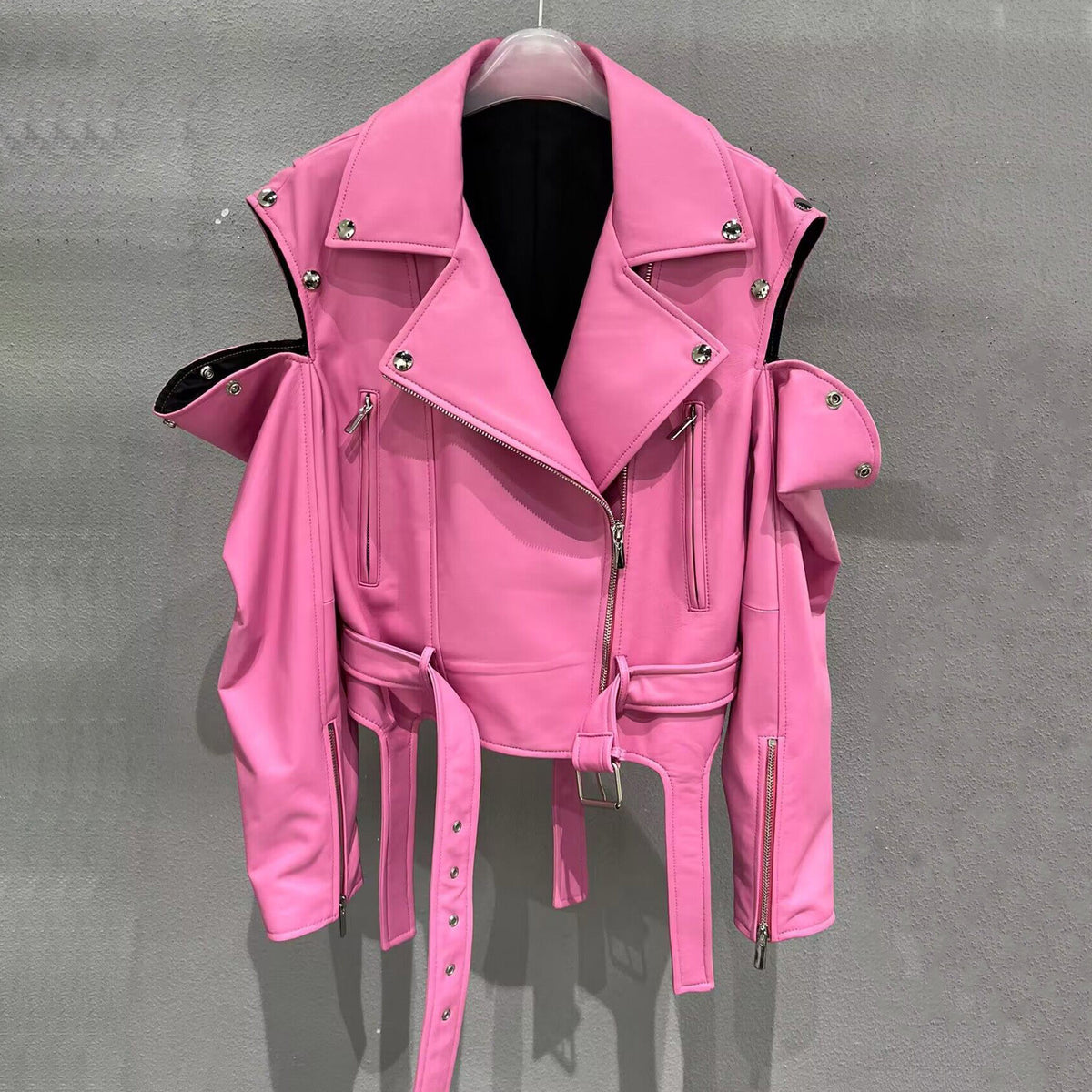 Cropped leather zip jacket, styled
