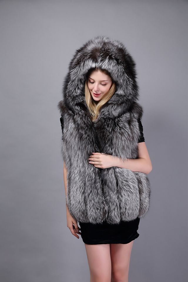 Silver Fox Fur Hooded Waistcoat back