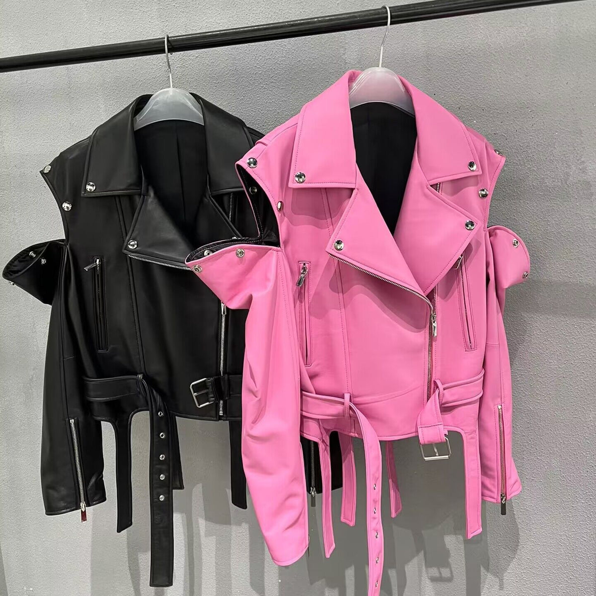 Cropped leather zip jacket, front view