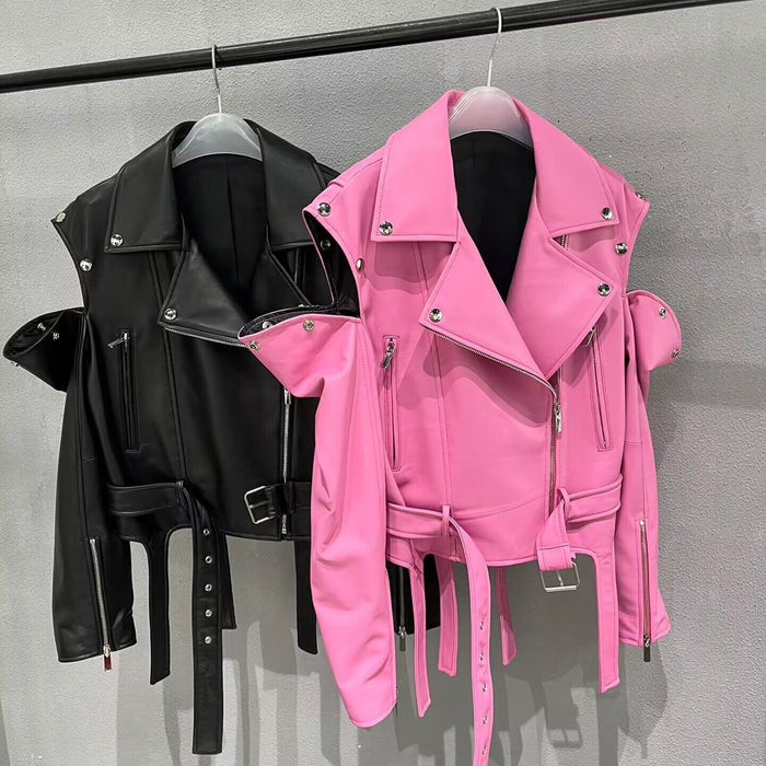 Cropped leather zip jacket, front view