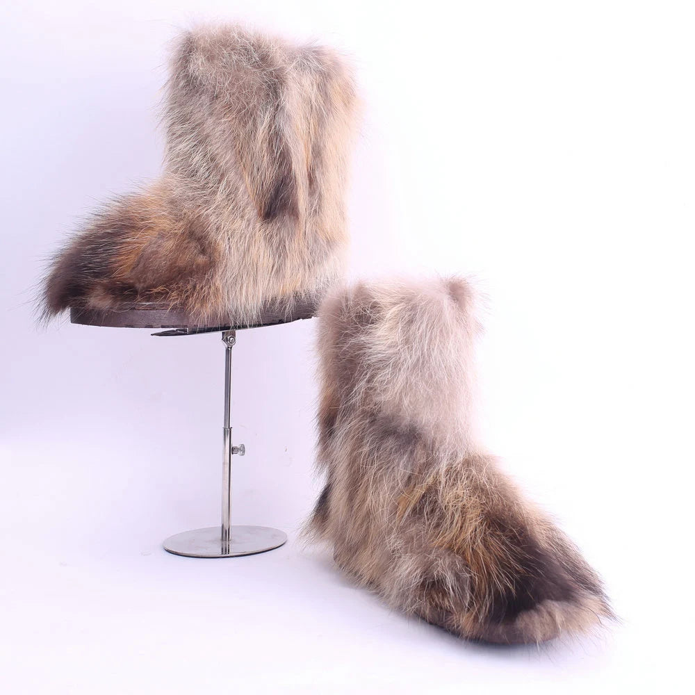 Ivalo raccoon fur snow boots worn on model