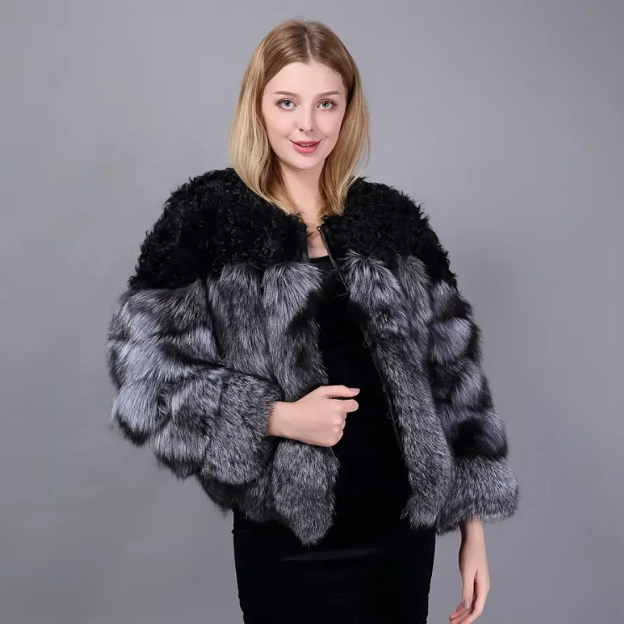 Hammerfest arctic fox fur poncho coat worn on model