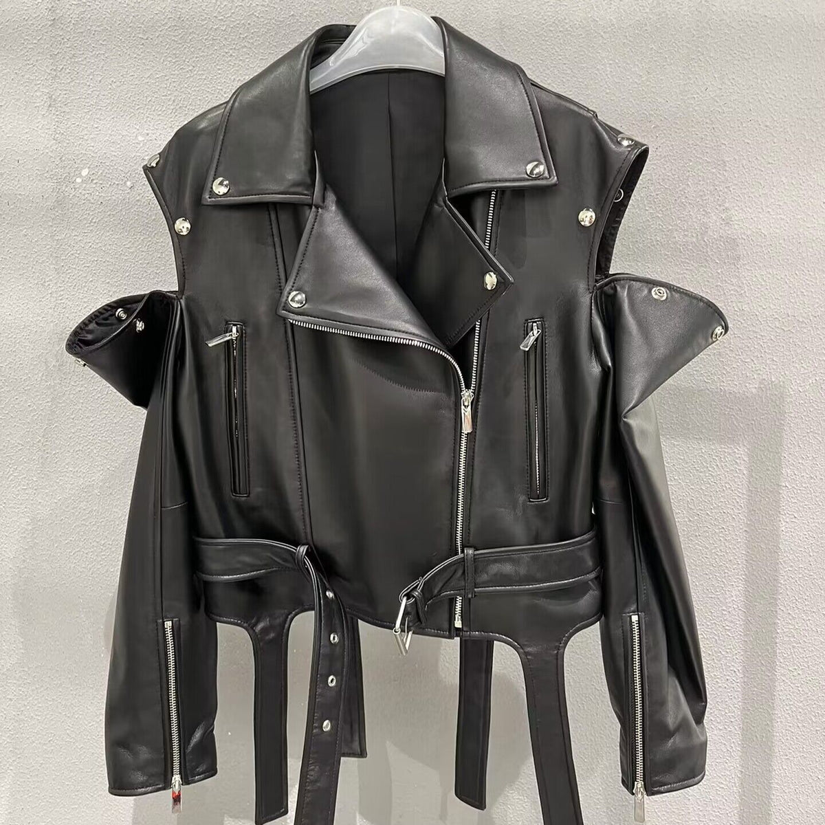 Cropped leather zip jacket, side view