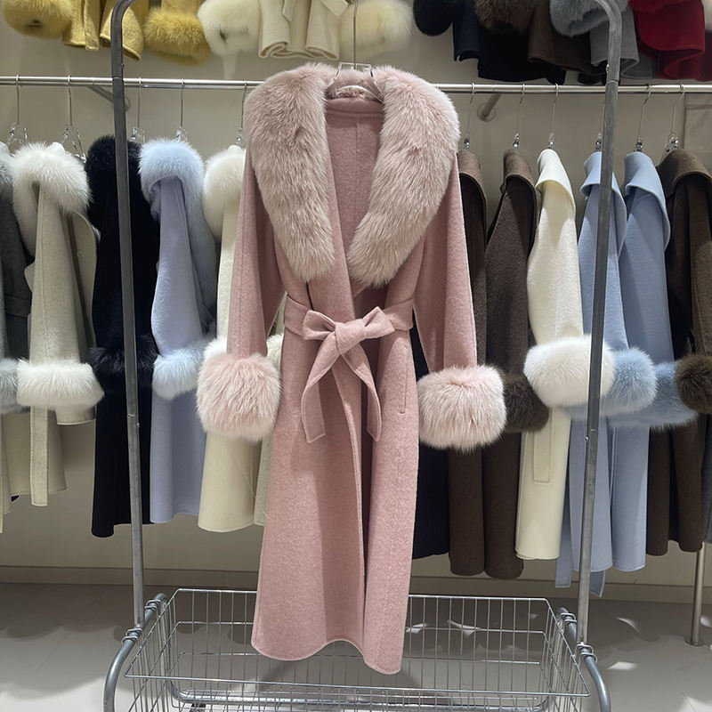 Fox Fur Collar Wool Trench Coat texture