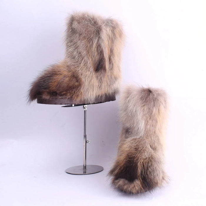 Ivalo raccoon fur snow boots, mid-calf, front view