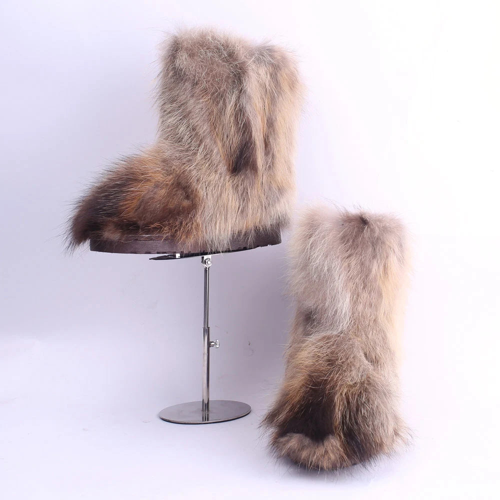 Ivalo raccoon fur snow boots, mid-calf, front view