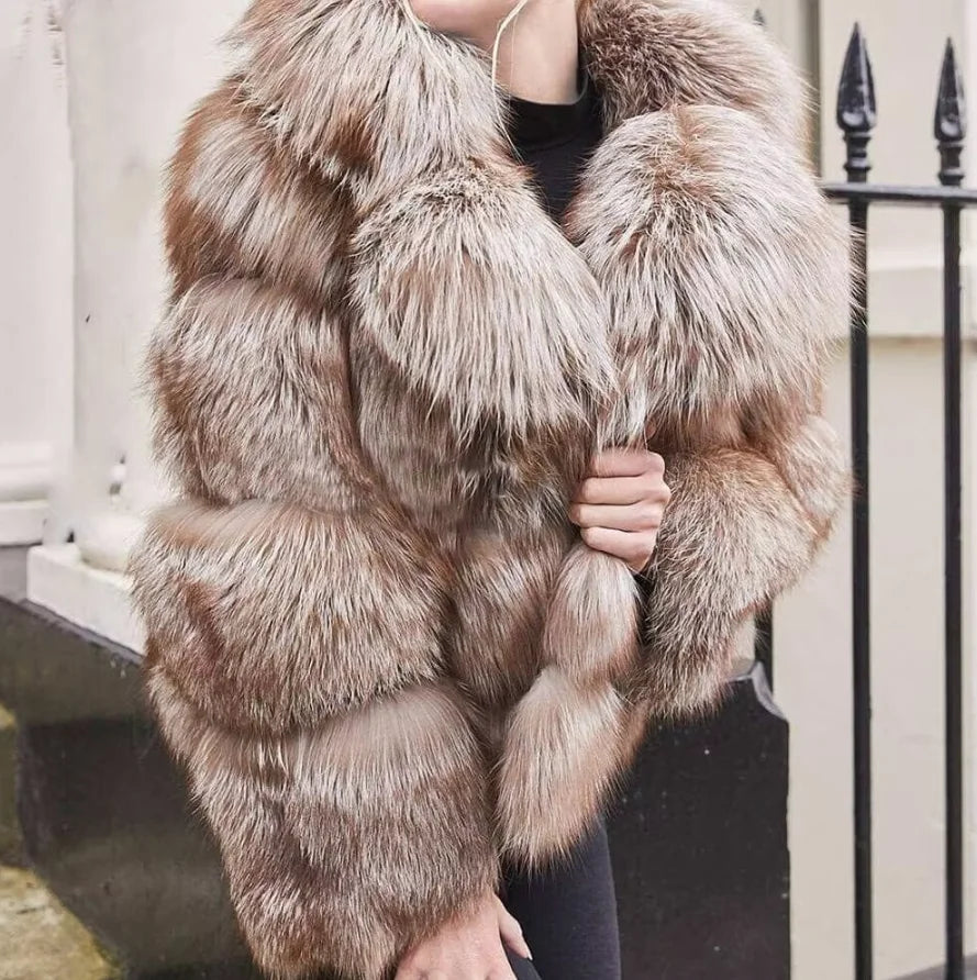 Luxury Coffee Fox Fur Coat