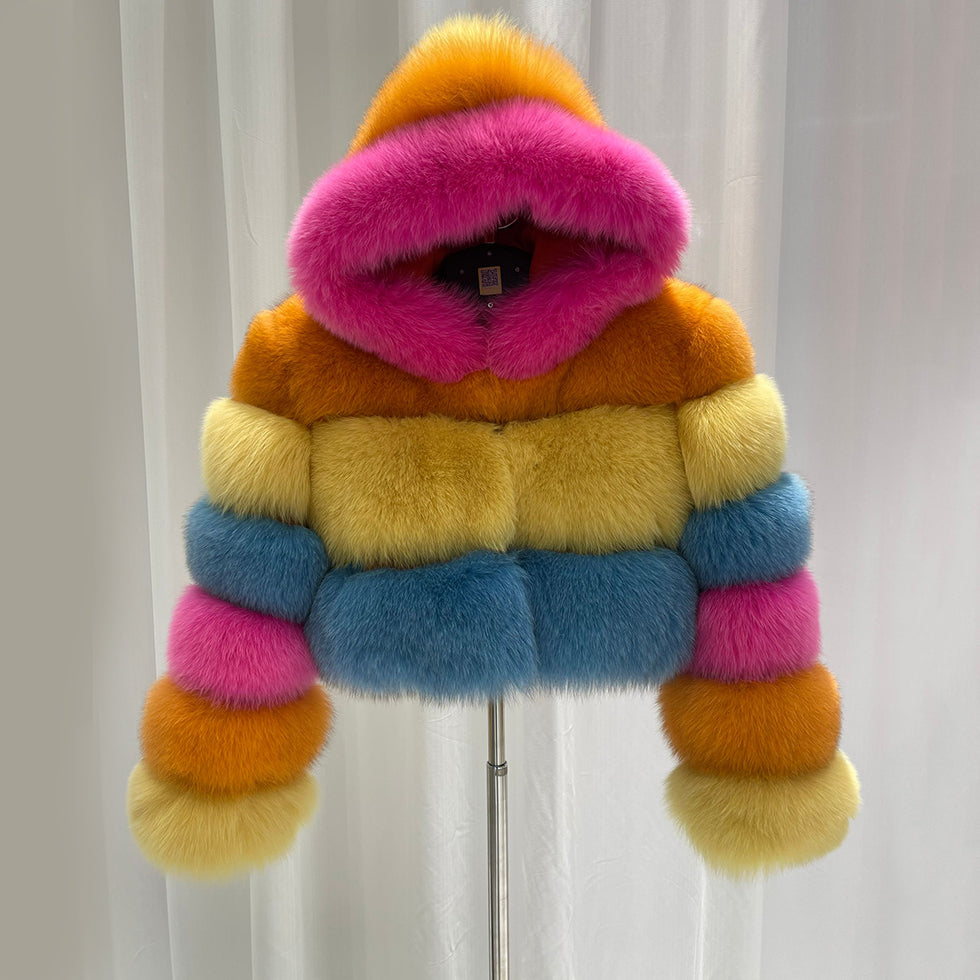 Tignes multi-colour fox fur hooded jacket, front view