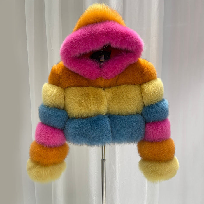 Tignes multi-colour fox fur hooded jacket, front view