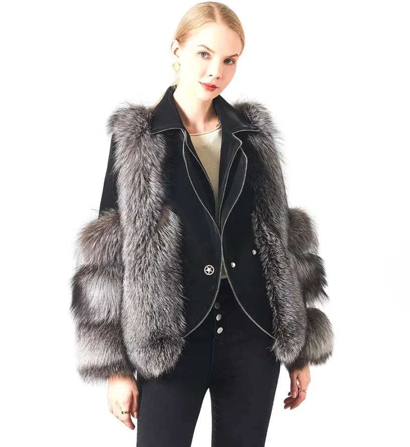 Arosa fox fur jacket, turn-down collar detail