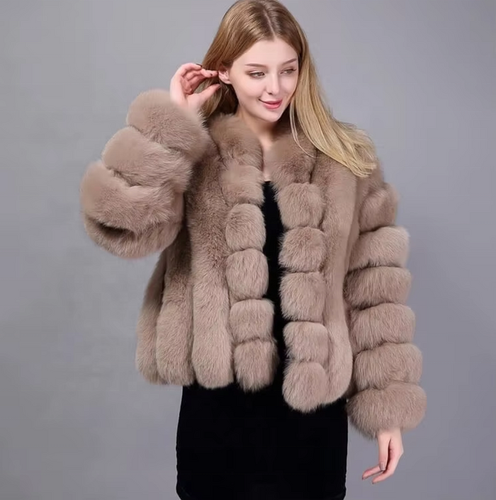 Andermatt cropped fox fur coat in camel, front view