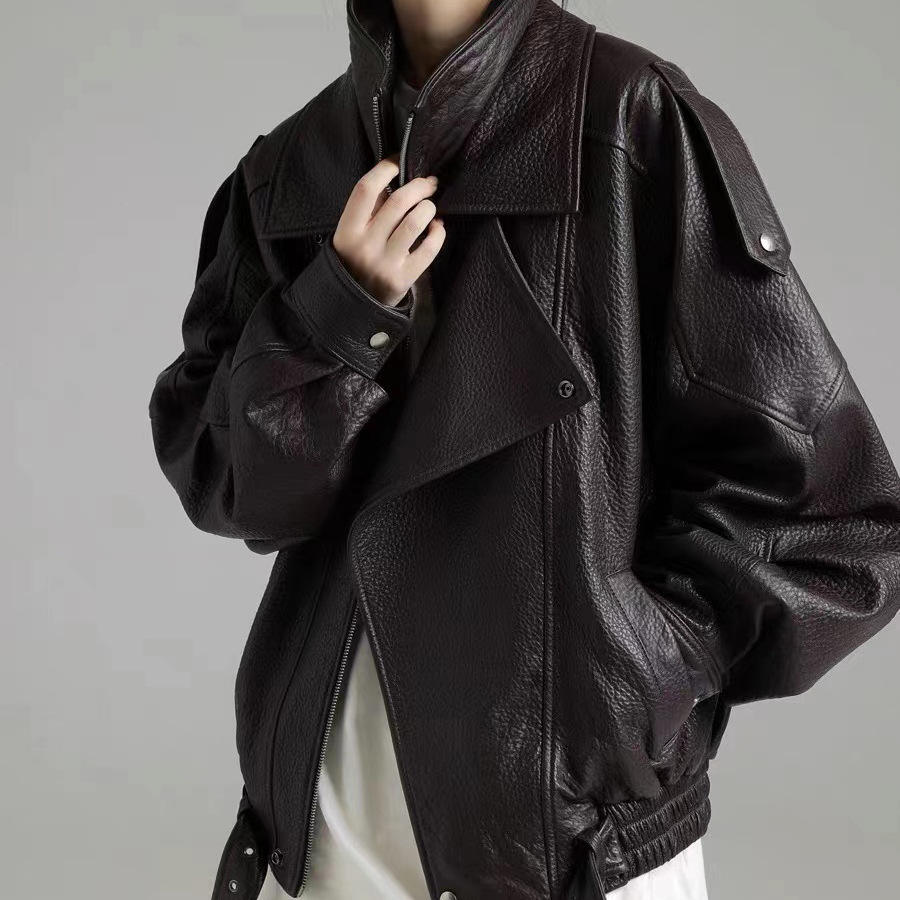 Oversized high collar leather moto jacket, collar detail
