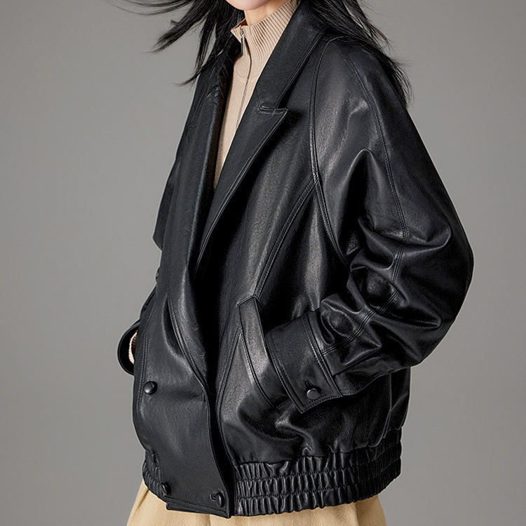 Batwing sleeve oversized sheepskin coat, leather texture