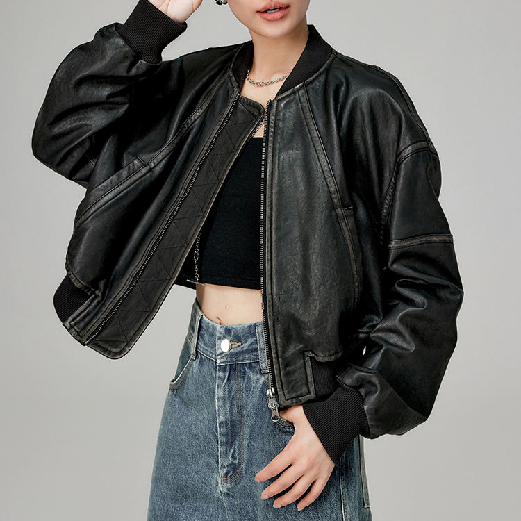 Short leather biker jacket, back view