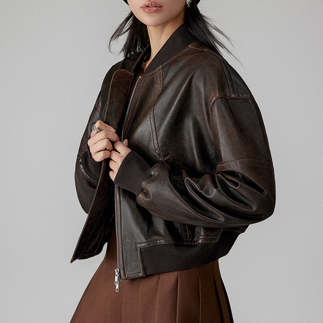 Short leather biker jacket in black, front view