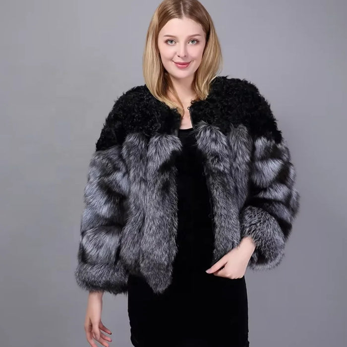 Hammerfest arctic fox fur poncho coat in black, front view