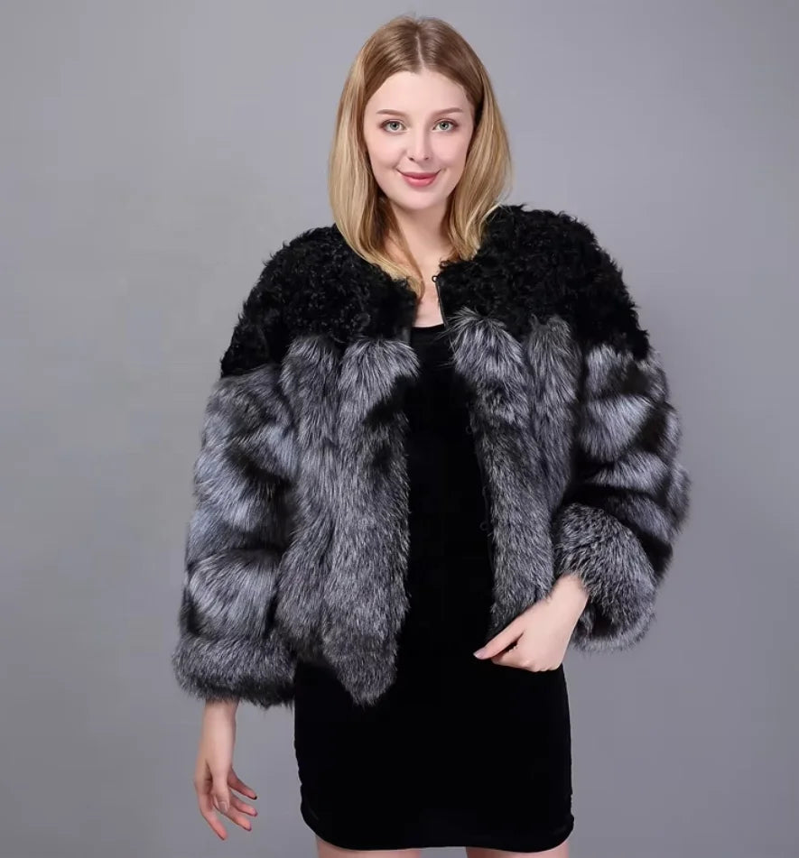 Hammerfest arctic fox fur poncho coat in black, front view
