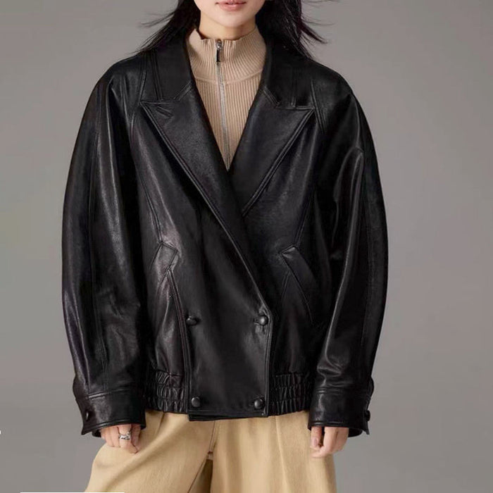 Batwing sleeve oversized sheepskin coat in black, front view