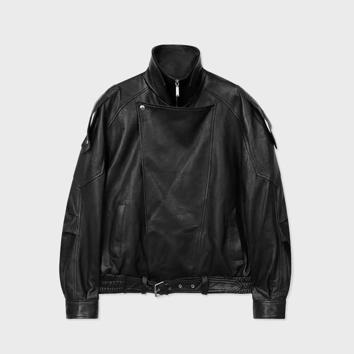 Oversized high collar leather moto jacket in black, front view