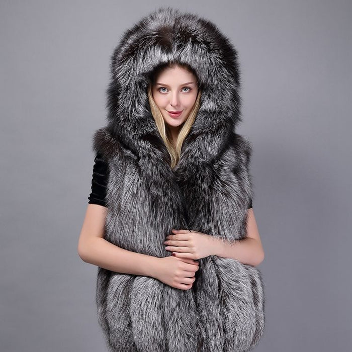 Silver Fox Fur Hooded Waistcoat front